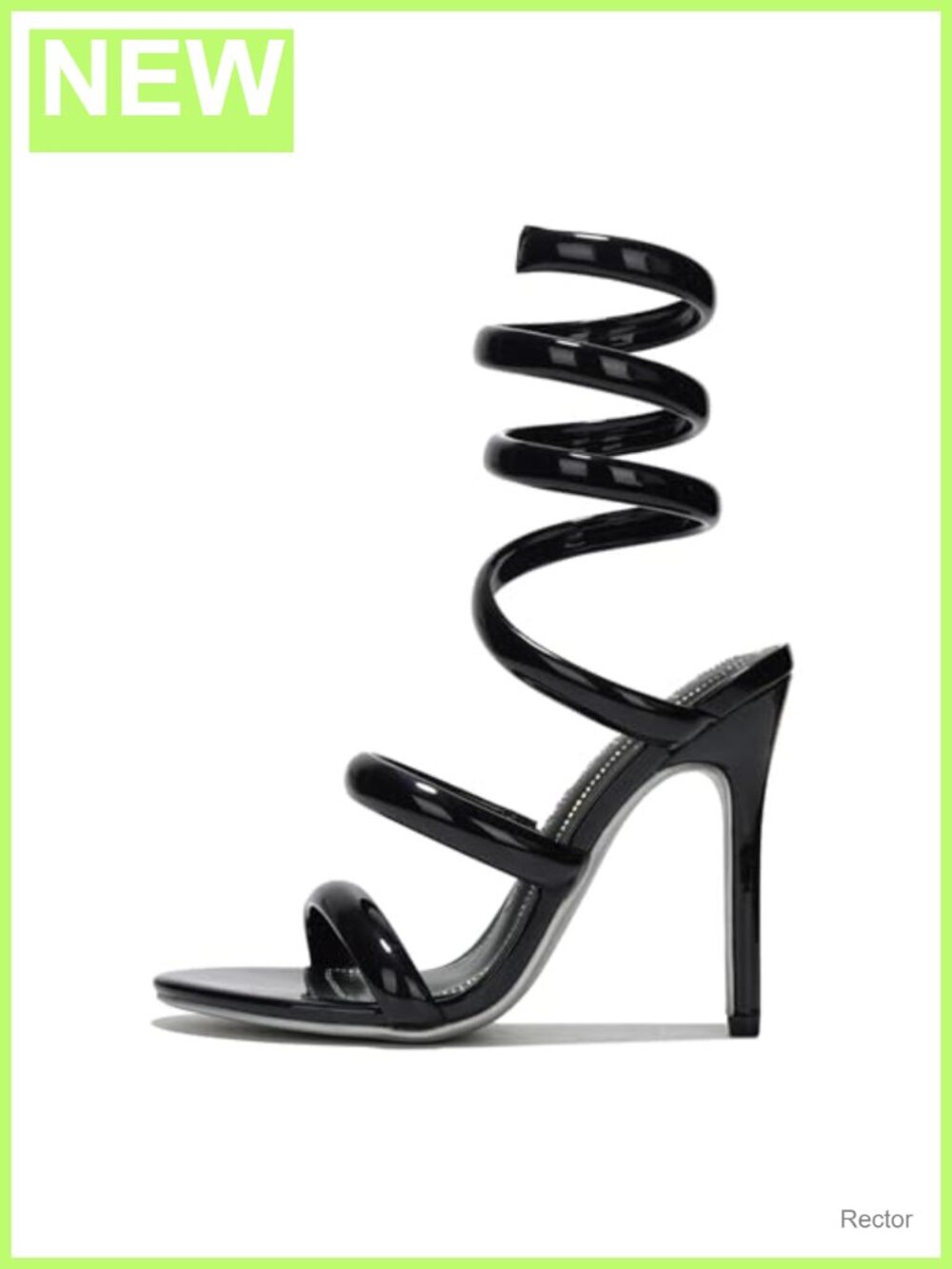 Patent PU Spiral Coil Ankle Wrap Stiletto Heels 4 Inch Open Round Toe